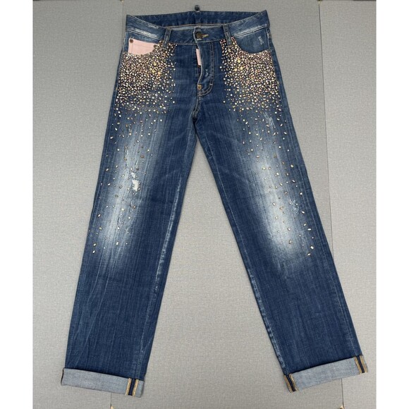 Dsquared2 Women's Crystal Beaded Ringstone Denim Jean EU40,Made in Italy - Picture 1 of 12